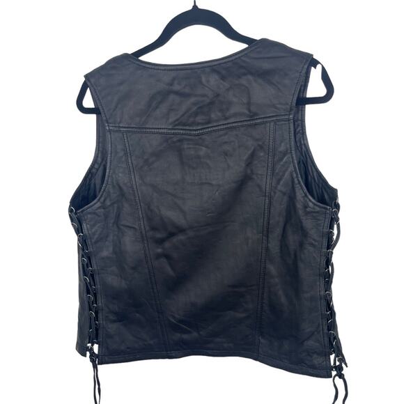 Biker Motorcycle Vest Womens Sz Med Soft Black Leather Zip Side Laces NWT Pocket - Picture 2 of 15
